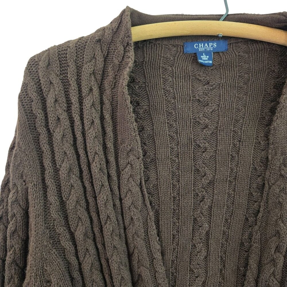 Chaps Cable Knit Brown Cardigan Sweater Large Ribbon Tie Waist Eyelet Cuffs - Picture 6 of 11
